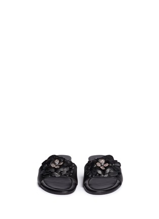 Front View - Click To Enlarge - JIMMY CHOO - 'Neave' strass floral appliqué leather slide sandals