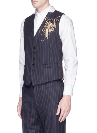Detail View - Click To Enlarge - DRIES VAN NOTEN - Tassel strap calligraphy embroidered pinstripe waistcoat
