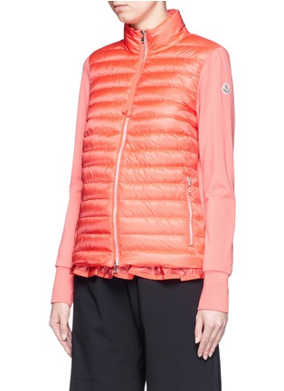 Front View - Click To Enlarge - MONCLER - Ruffle hem jersey combo down zip jacket
