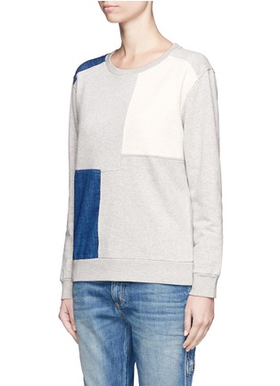 Front View - Click To Enlarge - CLOSED - Denim patchwork fleece lined sweatshirt