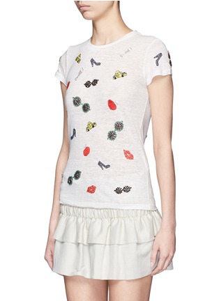 Front View - Click To Enlarge - ALICE & OLIVIA - 'Robin' embellished emoji linen T-shirt
