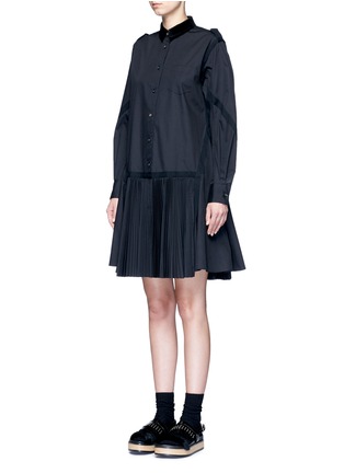 Front View - Click To Enlarge - SACAI - Velvet collar plissé pleat skirt poplin dress