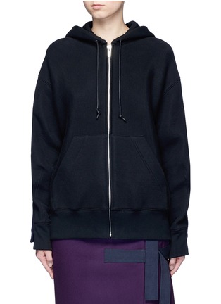 Main View - Click To Enlarge - SACAI - Wool-cashmere knit back zip-up jersey hoodie