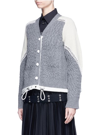 Front View - Click To Enlarge - SACAI - Lace trim panelled wool drawstring cardigan