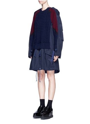 Front View - Click To Enlarge - SACAI - Colourblock wool knit drawstring twill dress