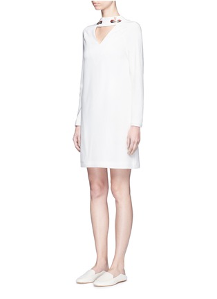 Front View - Click To Enlarge - HELEN LEE - Bunny embroidered cutout silk crepe dress