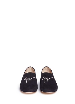 Front View - Click To Enlarge - 73426 - 'Dalila' crystal logo suede slip-ons