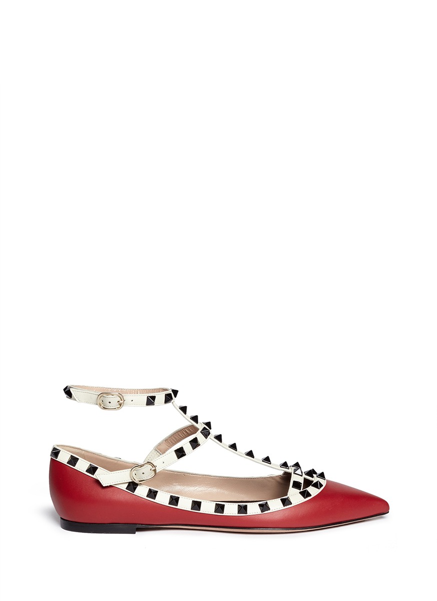 VALENTINO RED AND IVORY LEATHER 'ROCKSTUD' T-STRAP BALLERINA FLATS, RED ...