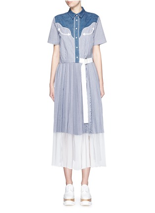 Main View - Click To Enlarge - SACAI - Denim yoke side split candy stripe shirt dress