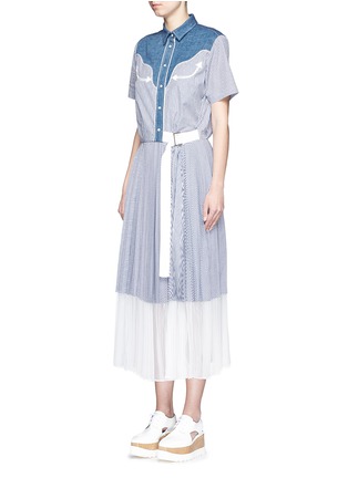Figure View - Click To Enlarge - SACAI - Denim yoke side split candy stripe shirt dress