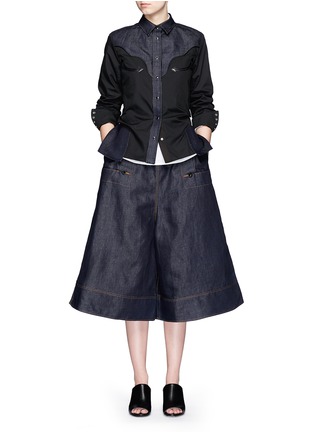 Figure View - Click To Enlarge - SACAI - Wide leg cotton-linen denim culottes