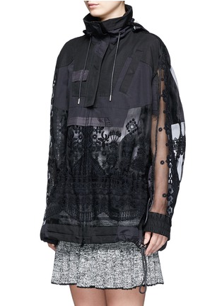 Front View - Click To Enlarge - SACAI - Embroidered tribal lace drawstring hooded jacket