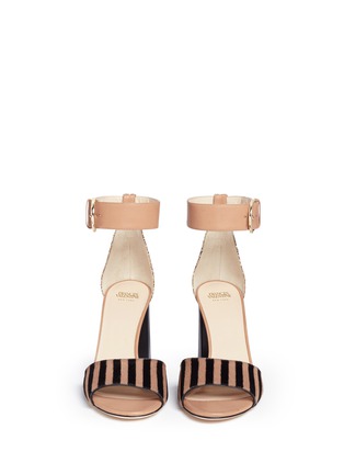Front View - Click To Enlarge - FRANCES VALENTINE - 'Blanche' glitter trim stripe print calfhair sandals