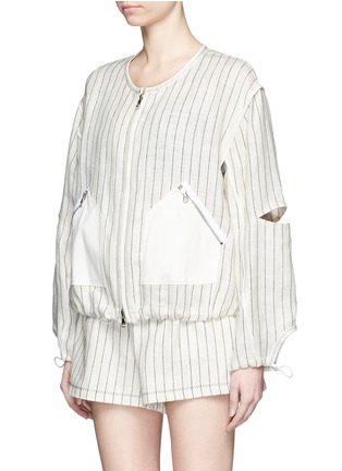 Front View - Click To Enlarge - 3.1 PHILLIP LIM - Sleeve cutout pinstripe linen bomber jacket