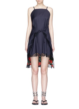 Main View - Click To Enlarge - ALEXANDER WANG - Lace trim tie front stripe wool dress