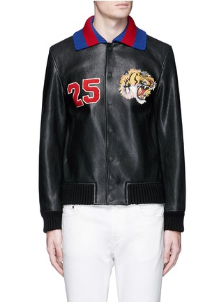 Main View - Click To Enlarge - GUCCI - Tiger appliqué lambskin leather bomber jacket