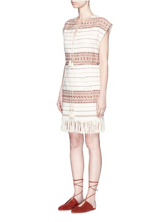 Front View - Click To Enlarge - ZIMMERMANN - 'Harlequin' stripe cotton fringed poncho dress