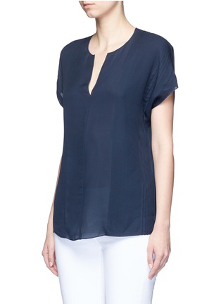 Front View - Click To Enlarge - VINCE - Pintuck stitch silk split neck blouse