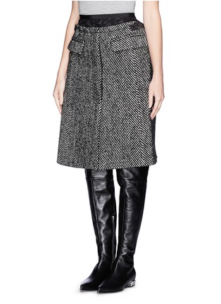 Front View - Click To Enlarge - SACAI - Lace underlay herringbone wool wrap skirt