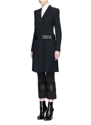 Front View - Click To Enlarge - ALEXANDER MCQUEEN - Pleated skirt belted leaf crepe coat