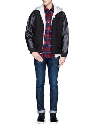 Figure View - Click To Enlarge - WHITE MOUNTAINEERING - Leather sleeve woven cotton varsity jacket