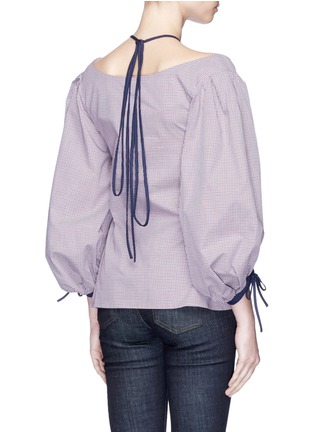 Back View - Click To Enlarge - 72722 - 'Pufferfish' cocoon sleeve halterneck check plaid blouse