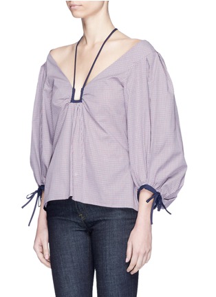 Front View - Click To Enlarge - 72722 - 'Pufferfish' cocoon sleeve halterneck check plaid blouse