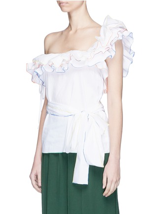 Front View - Click To Enlarge - 72722 - 'Bearded Iris' rainbow trim belted ruffle one-shoulder top
