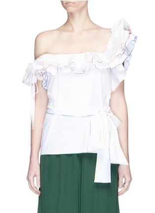 Main View - Click To Enlarge - 72722 - 'Bearded Iris' rainbow trim belted ruffle one-shoulder top