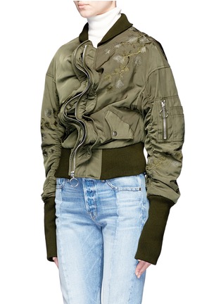 Front View - Click To Enlarge - GROUND ZERO - Floral embroidered satin bomber jacket
