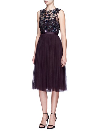 Figure View - Click To Enlarge - NEEDLE & THREAD - Floral embellished tulle midi dress