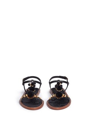 Front View - Click To Enlarge - - - Pompom floral appliqué T-strap leather sandals