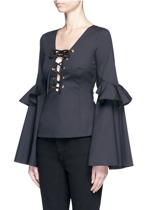 Front View - Click To Enlarge - CAROLINE CONSTAS - 'Anastasia' oversized ruffle sleeve lace-up top