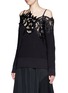 Front View - Click To Enlarge - SACAI - Floral embroidery lace cotton cold shoulder sweater