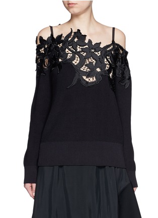 Main View - Click To Enlarge - SACAI - Floral embroidery lace cotton cold shoulder sweater