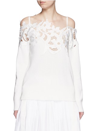 Main View - Click To Enlarge - SACAI - Floral embroidery lace cotton cold shoulder sweater