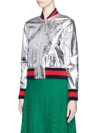 Front View - Click To Enlarge - GUCCI - Cracked metallic leather bomber jacket