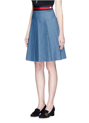 Front View - Click To Enlarge - GUCCI - Stripe web waistband inverted pleat denim skirt
