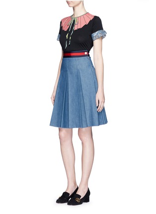 Figure View - Click To Enlarge - GUCCI - Stripe web waistband inverted pleat denim skirt