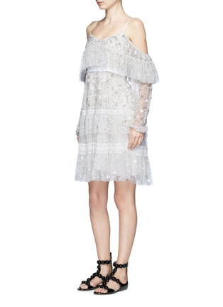 Figure View - Click To Enlarge - NEEDLE & THREAD - 'Supernova' floral embellished tiered cold shoulder dress