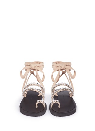 Front View - Click To Enlarge - 73426 - 'Rock 10' glass crystal ankle tie suede sandals