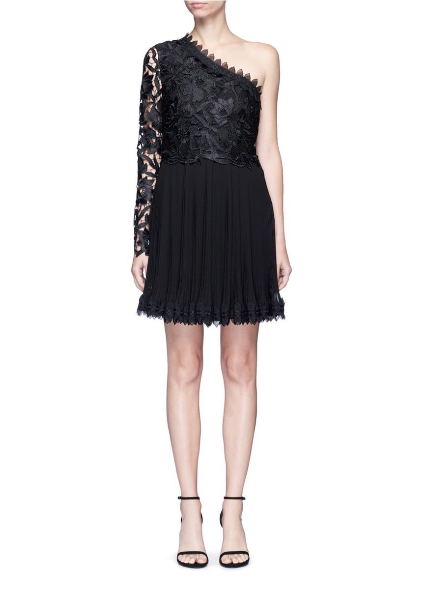NICHOLAS Botanical Lace One Shoulder Pleated Mini Dress, Black | ModeSens