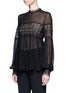 Front View - Click To Enlarge - 72723 - Floral lace panel balloon sleeve silk shirt