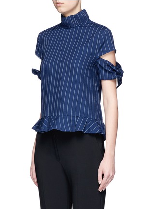 Front View - Click To Enlarge - 72723 - Knotted split sleeve pinstripe cotton top