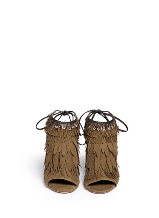 Front View - Click To Enlarge - AQUAZZURA - 'Pocahontas' fringe feather suede peep toe sandals