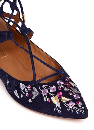 Detail View - Click To Enlarge - AQUAZZURA - 'Belgravia' floral embroidery caged suede flats