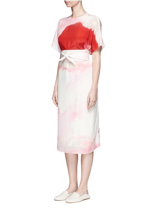 Front View - Click To Enlarge - MS MIN - Oversized obi belt watercolour print silk dress