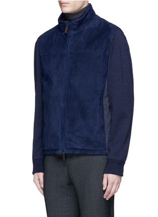 Front View - Click To Enlarge - CANALI - Mixed knit sleeve suede jacket