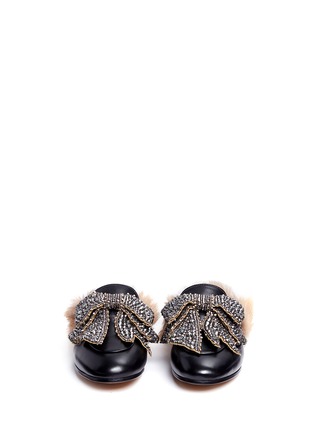 Front View - Click To Enlarge - GUCCI - 'Princetown' embellished bow lamb fur leather slide loafers