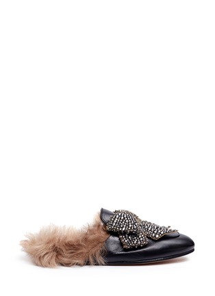 Main View - Click To Enlarge - GUCCI - 'Princetown' embellished bow lamb fur leather slide loafers